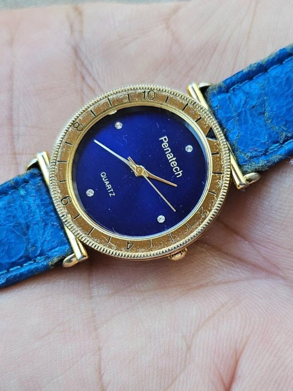 Vintage Penatech Quartz Women Wristwatch Blue Leather Band Gold Tone Case Watch